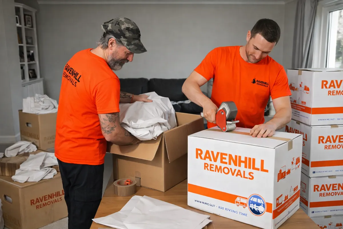 Ravenhill Removals team carefully packing household belongings into moving boxes