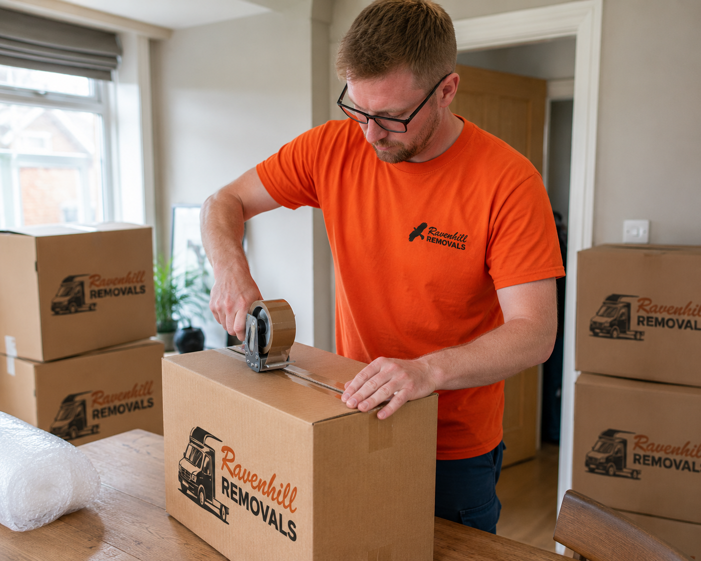 How to seal moving boxes properly using packing tape and a tape dispenser Ravenhill Removals team member using a tape dispenser to securely seal a moving box ready for house removal