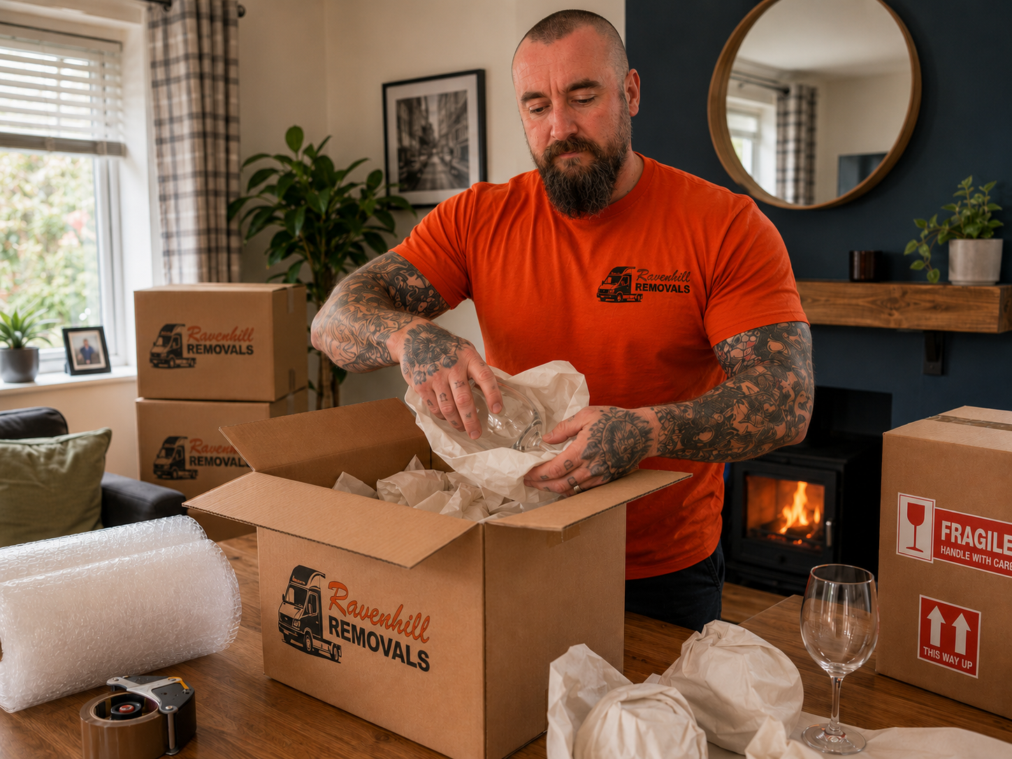 Professional packing of fragile glassware using packing paper by Ravenhill Removals Ravenhill Removals team member packing fragile glassware with protective paper into a moving box ready for house removal