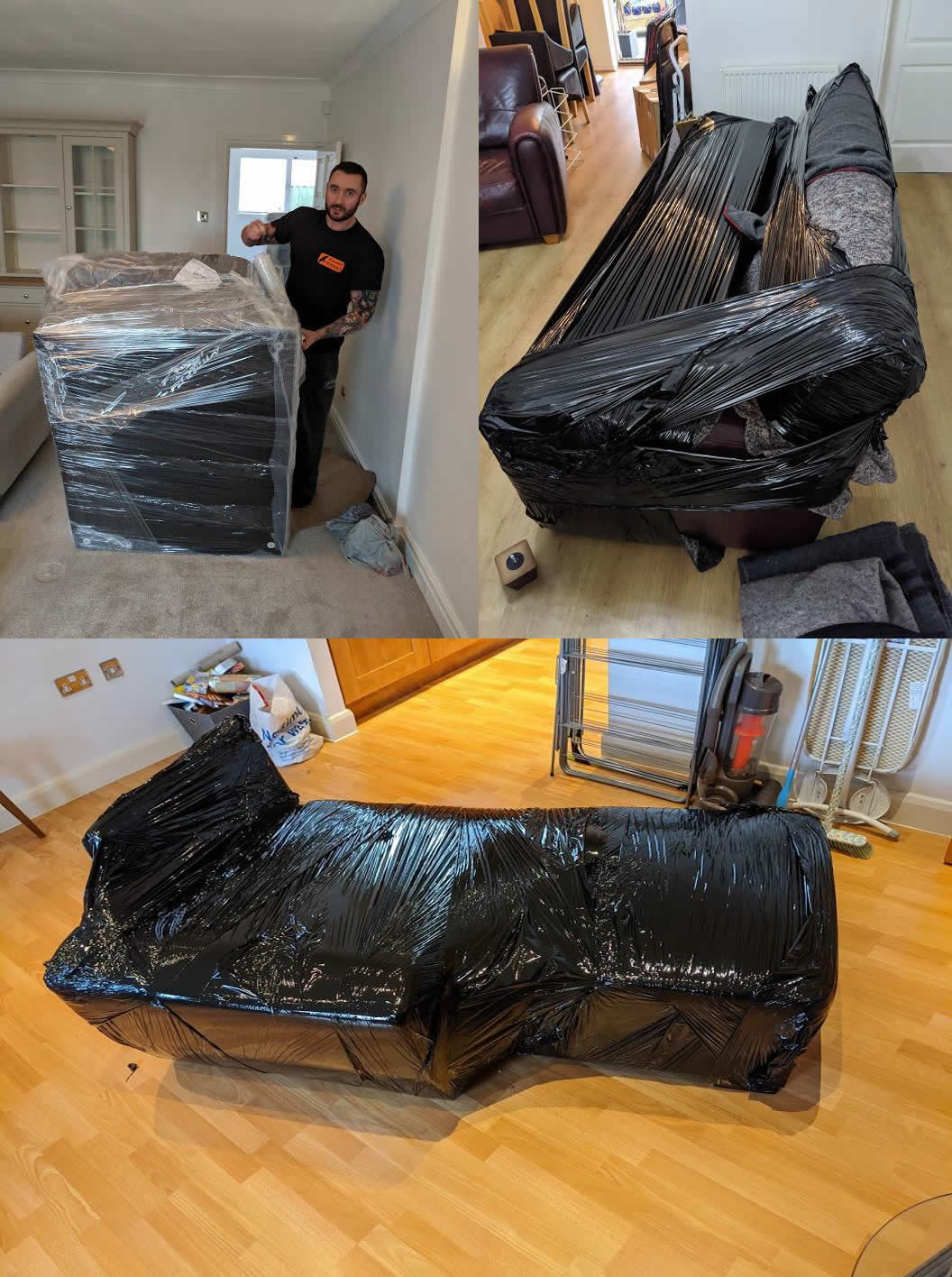 Removal specialists wrapping sofas with protective covers before transport